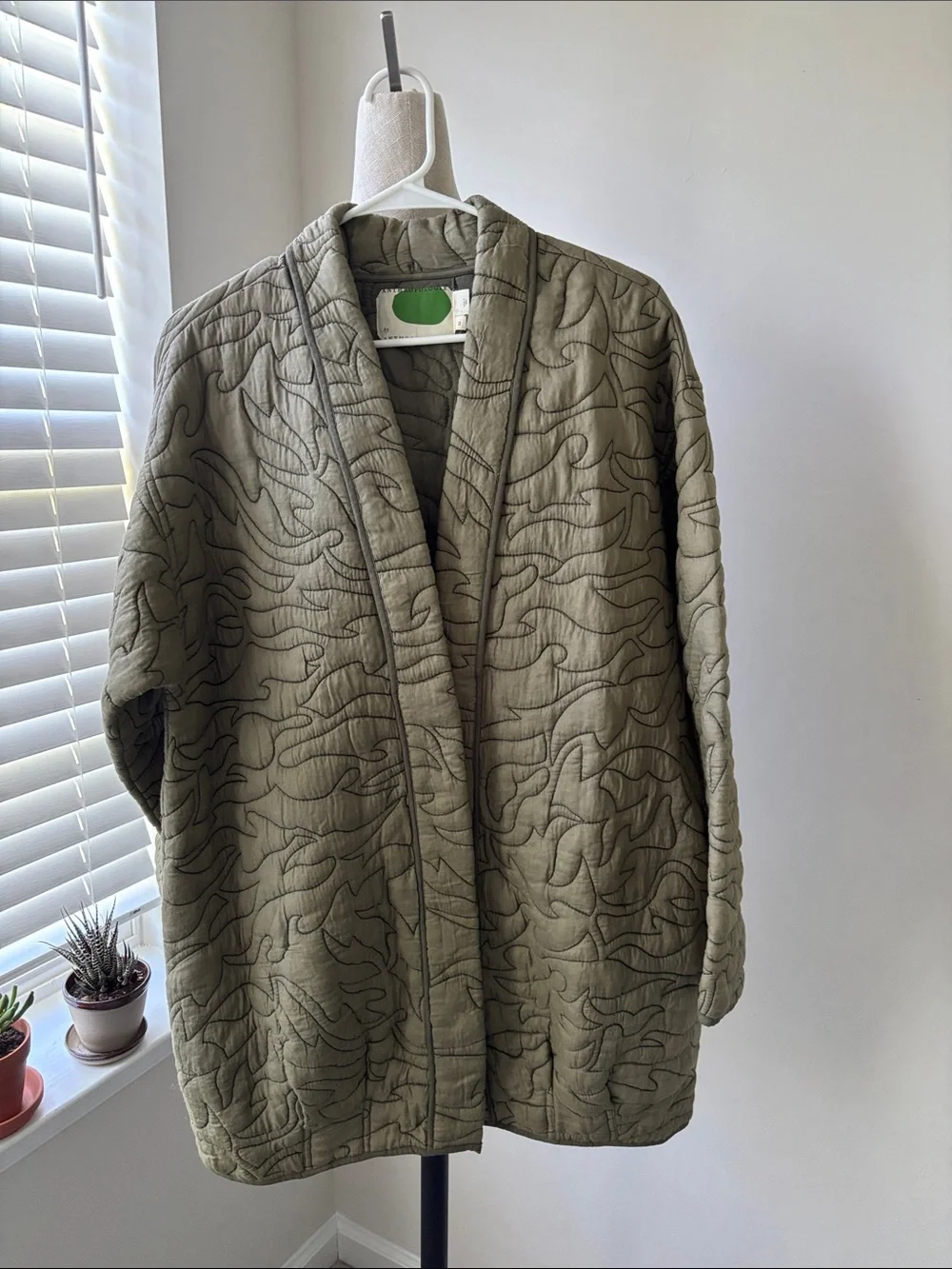 Anthropologie Quilted Kimono Jacket Womens XL House Coat Green Moss Cottagecore - Picture 2 of 6